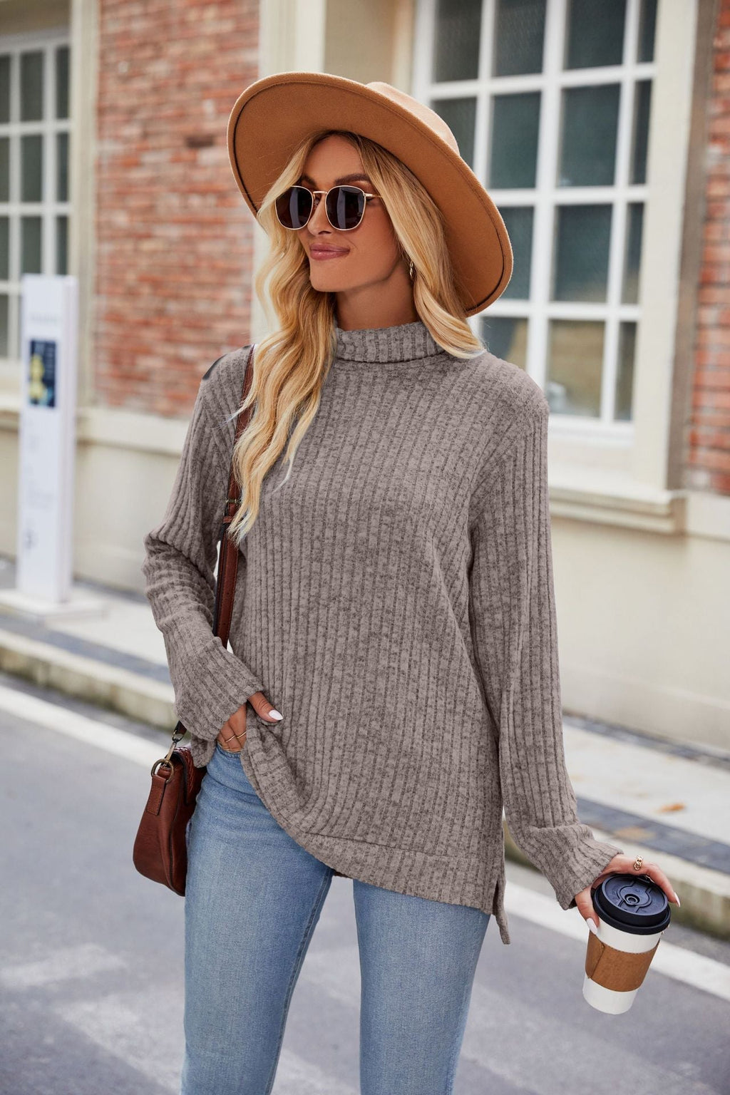 High Collar Loose Long Sleeve Split T-shirt Top For Women Pi-Mart