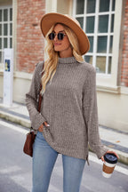 High Collar Loose Long Sleeve Split T-shirt Top For Women Pi-Mart