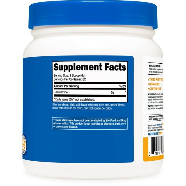 Nutricost L-Glutamine Powder Sweetened with Stevia (500 Grams / 5 Grams L-Glutamine Per Serving/Peach Mango) | L-Glutamine Supplement for Gut Support - Gluten Free, Non-GMO