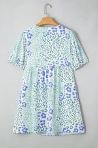 Sky Blue Leopard Bow Front Puff Sleeve Mini Dress