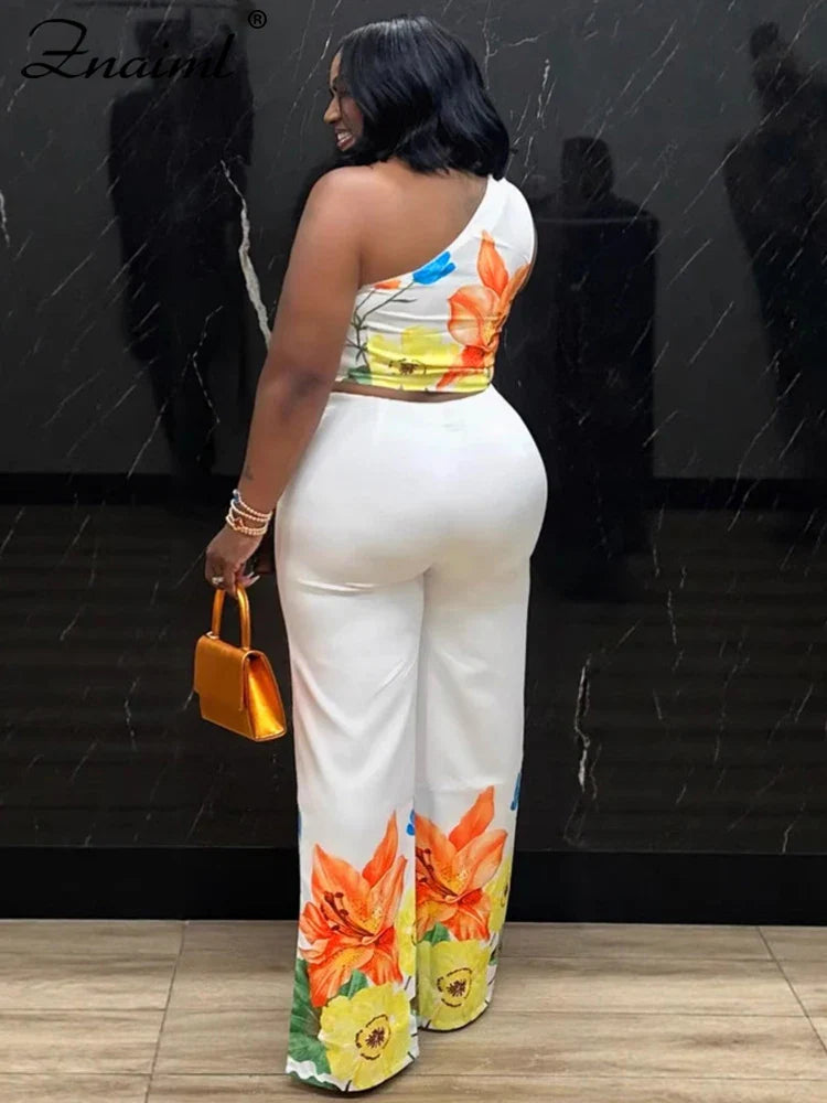 Znaiml Flower Print 2 Piece Pant Set Women Skew Collar Crop Tops and Wide Leg Pants Casual Summer Vacation Party Outfits 2025 Purplish Diva