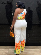 Znaiml Flower Print 2 Piece Pant Set Women Skew Collar Crop Tops and Wide Leg Pants Casual Summer Vacation Party Outfits 2025 Purplish Diva