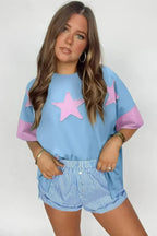 Aruba Blue Frayed Star Patched 4th of July Oversize T Shirt