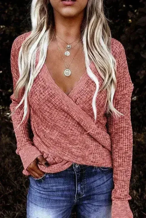 Women's Pink Deep V-neck Long Sleeve Knit Sweater - SJB-DIAMOND ELITES