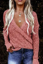 Women's Pink Deep V-neck Long Sleeve Knit Sweater - SJB-DIAMOND ELITES
