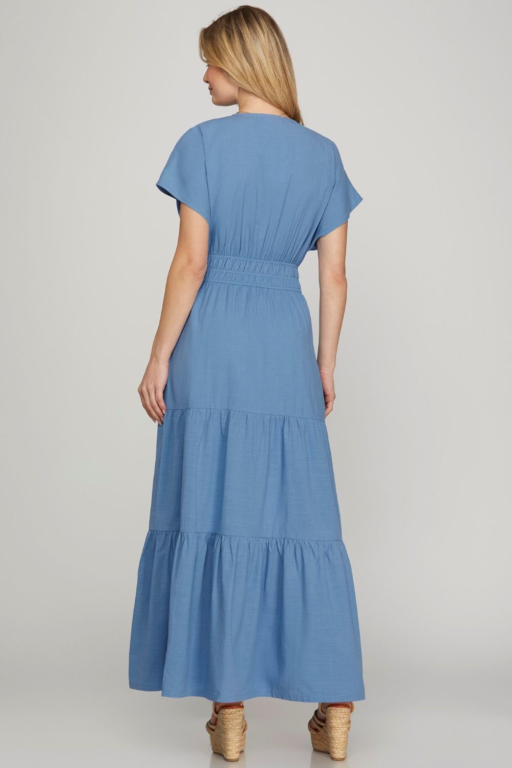 Surplice Short Sleeve Tiered Maxi Dress With Pockets For Women – Elegant, Versatile, Comfortable and Functional with Flattering Surplice Neckline and Tiered Design for Effortless Style Stevvex