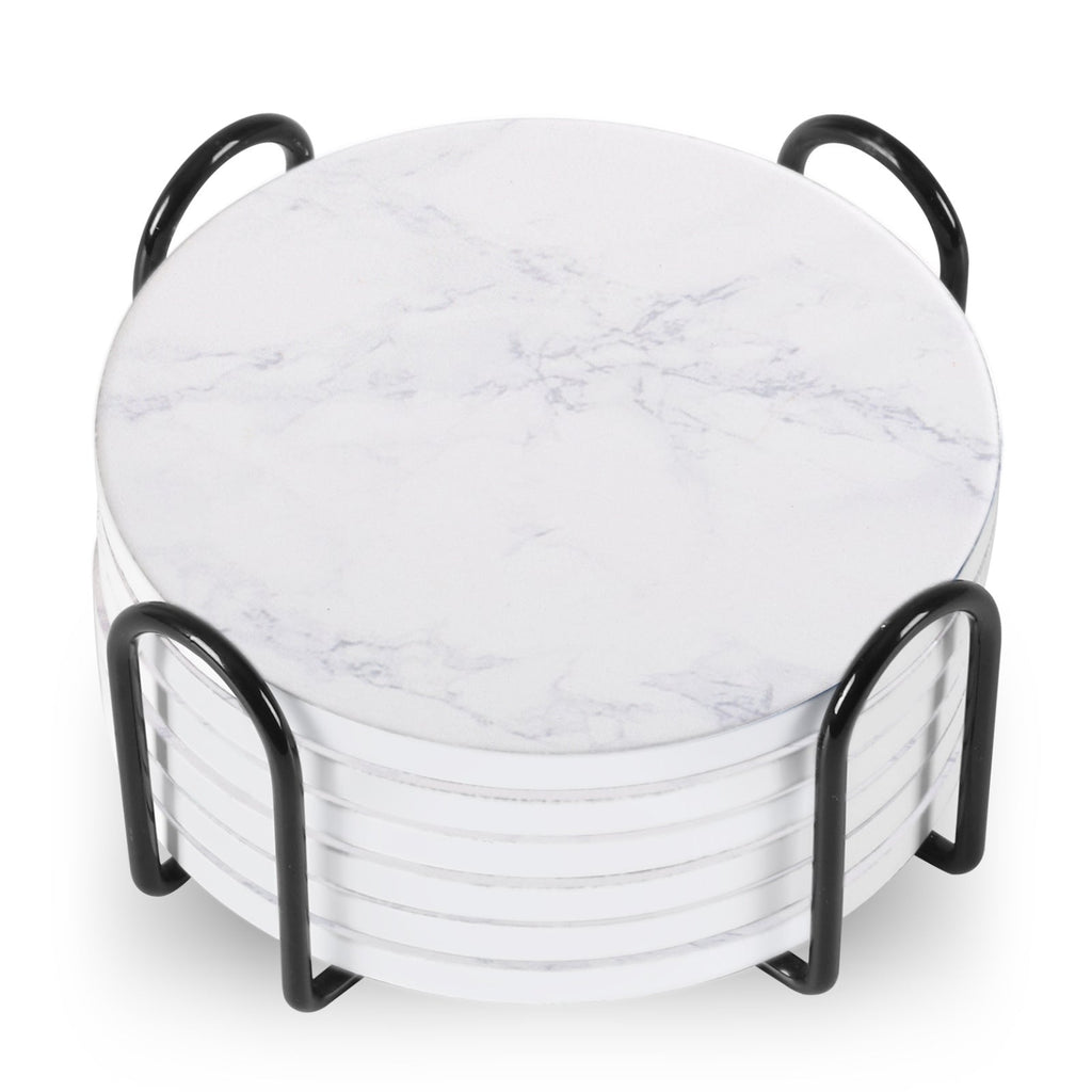 Set Of 6 Beverage Coasters With Stand Round 4in Ceramic Coaster With Metal Stand Absorbent Marble Stone Coaster With Cork Base Pi-Mart