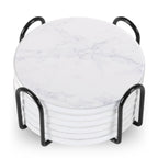 Set Of 6 Beverage Coasters With Stand Round 4in Ceramic Coaster With Metal Stand Absorbent Marble Stone Coaster With Cork Base Pi-Mart