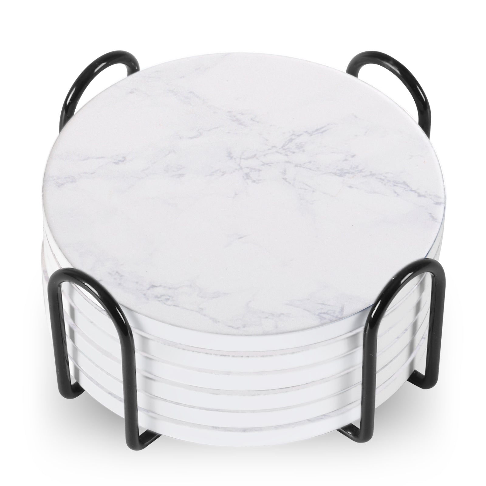 Set Of 6 Beverage Coasters With Stand Round 4in Ceramic Coaster With Metal Stand Absorbent Marble Stone Coaster With Cork Base Pi-Mart