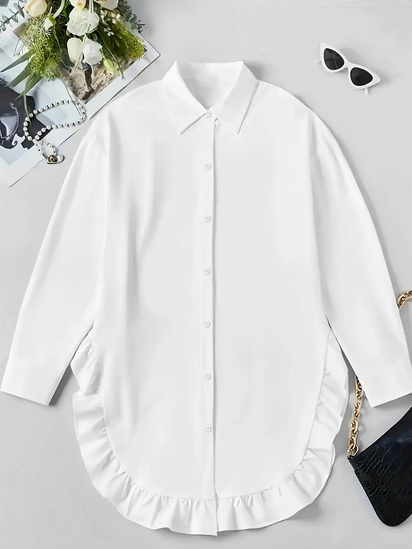 Hem Ruffled Casual Long Sleeve Shirt - SJB-DIAMOND ELITES