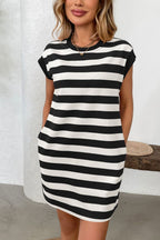 Simple Contrast Striped Round Neck Short Sleeve Mini Dress Casual & Comfortable Everyday Dress for Women Stevvex