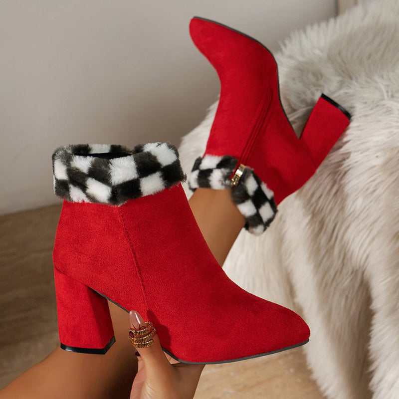 New Plaid Print Plush Ankle Boots Winter Fashoin Square Heel Suede Boots Women Casual Versatile Shoes Autumn And Winter Pi-Mart