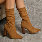 Pointed Toe High Block Heels Boots Woman Winter Warm Mid-calf Suede Long Boots New Fashion Trendy Solid Shoes For Party Lady Pi-Mart