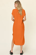 Double Take Full Size Round Neck Short Sleeve Slit Dress Stylish & Comfortable Casual Dress Stevvex