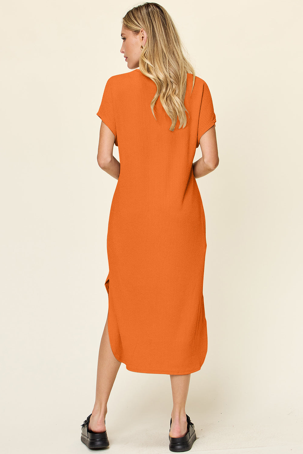 Double Take Full Size Round Neck Short Sleeve Slit Dress Stylish & Comfortable Casual Dress Stevvex