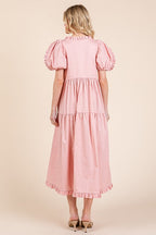 Ruffle Trim Puff Sleeve Tiered Babydoll Midi Dress – Fluttering, Sweet, Elegant, Feminine, and Trendy Babydoll Midi Dress with Ruffle Trim and Puff Sleeves