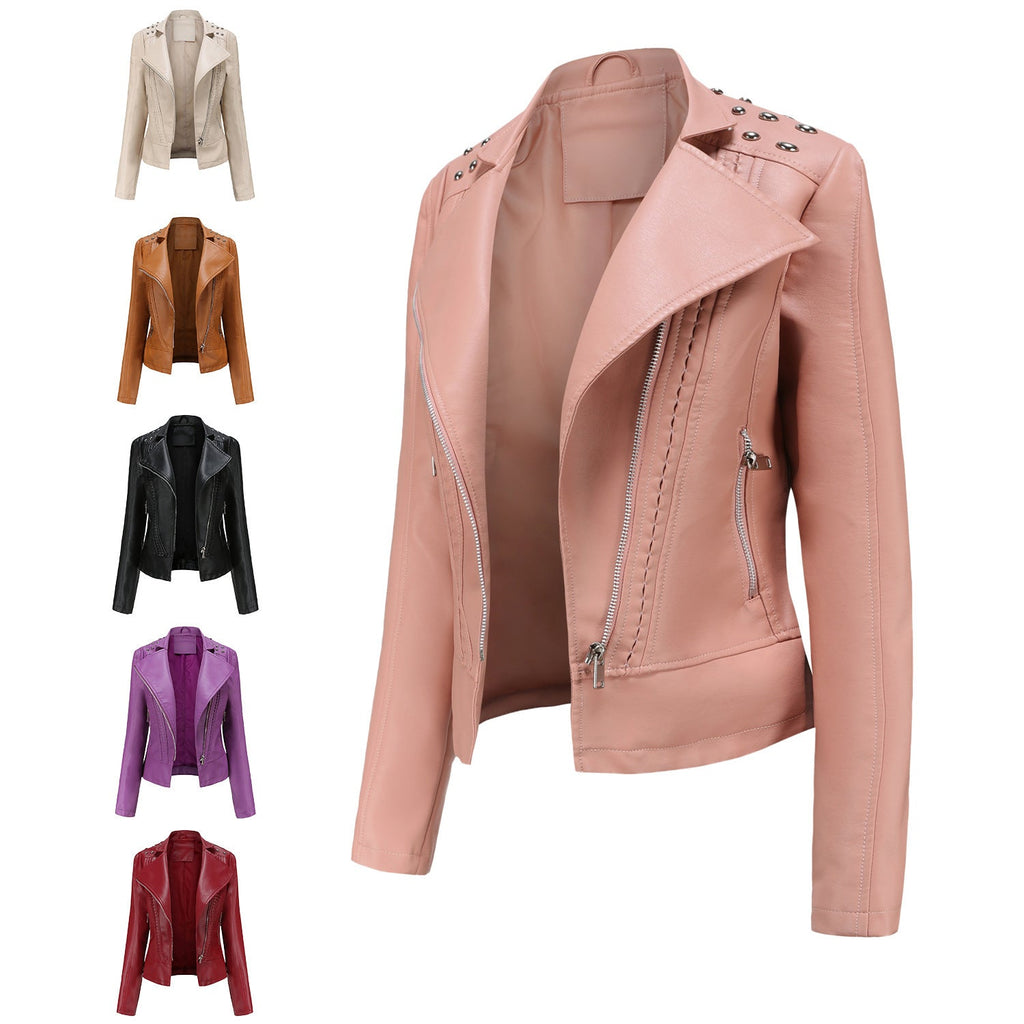 Beaded Leather Women's Long-sleeved Fashion Jacket Lapel Motorcycle Clothing Thin Women's Jacket Pi-Mart