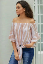Off The Shoulder Pink White Vertical Stripes Blouse - SJB-DIAMOND ELITES
