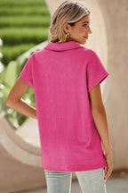 White Textured V Neck Collared Split Hem T Shirt