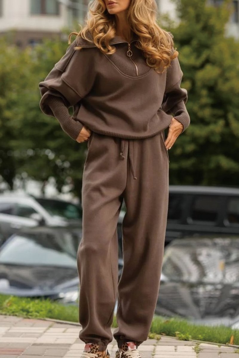 Long Sleeve Suit Zipper Lapel Top And Drawstring Trousers Fashion Casual Sports Clothing For Women Pi-Mart