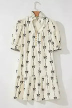 Frill Bow Print Notched Short Sleeve Mini Dress