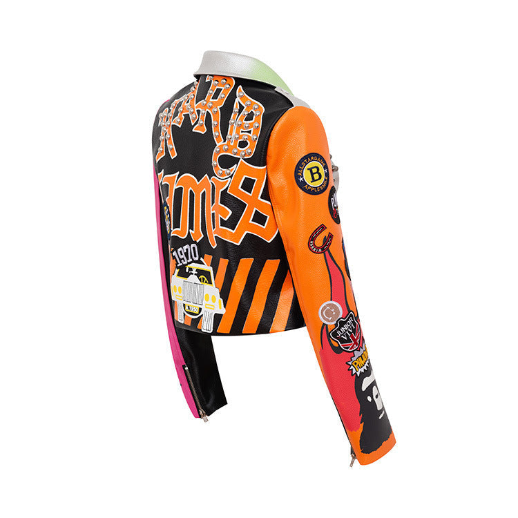Graffiti Printed Motorcycle Leather Women Pi-Mart