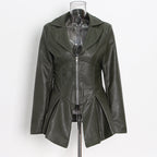 Suit Collar Hem Ruffled Slim-Fit Motorcycle PU Leather Jacket Pi-Mart