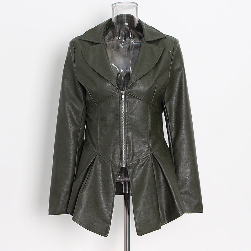 Suit Collar Hem Ruffled Slim-Fit Motorcycle PU Leather Jacket Pi-Mart