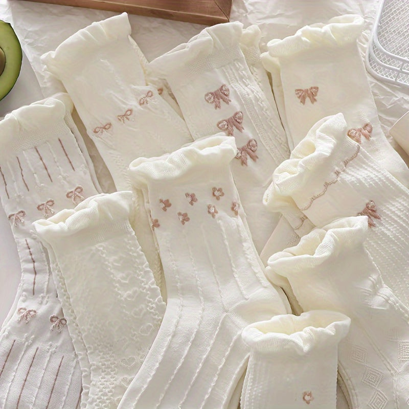 9 Pairs Floral & Bow Print Socks, Sweet & Cute Ruffle Socks, Women's Stockings & Hosiery Lootquake LLC