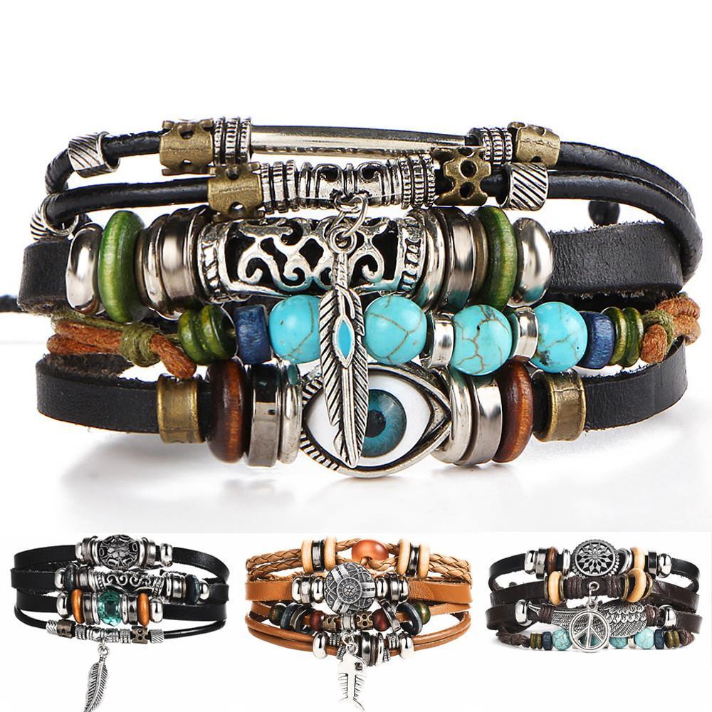 BOHO Tibet Stone Feather Multilayer Leather Bracelet Eye Fish Charms Beads Bracelets For Men Vintage Punk Wrap Wristband Cool Jewelry - SJB-DIAMOND ELITES