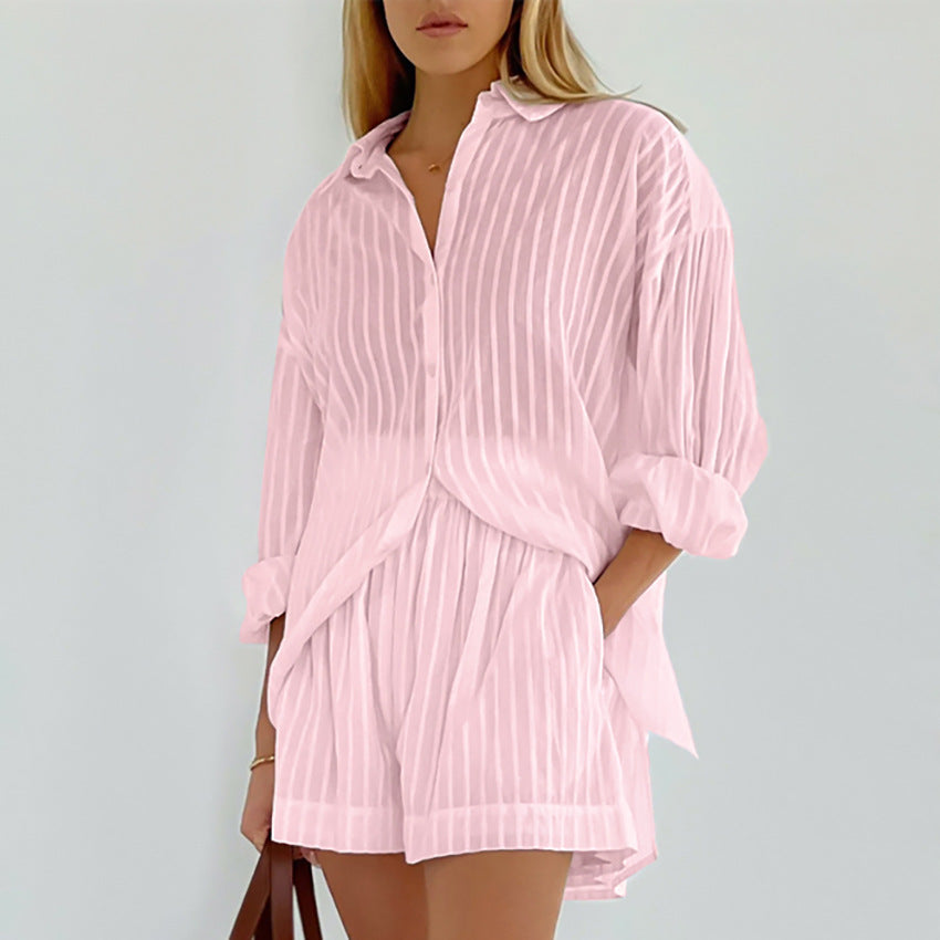 Women's Graceful And Fashionable Striped Puff Sleeve Shorts Suit Pi-Mart