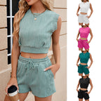 Solid Color Wave Pattern Design Suit For Women Casual Round Neck Sleeveless Top And Drawstring Design Shorts Fashion 2-piece Set Summer Clothing Pi-Mart