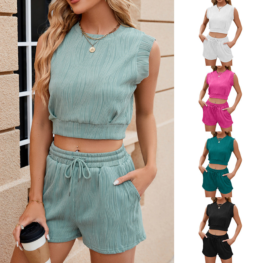 Solid Color Wave Pattern Design Suit For Women Casual Round Neck Sleeveless Top And Drawstring Design Shorts Fashion 2-piece Set Summer Clothing Pi-Mart