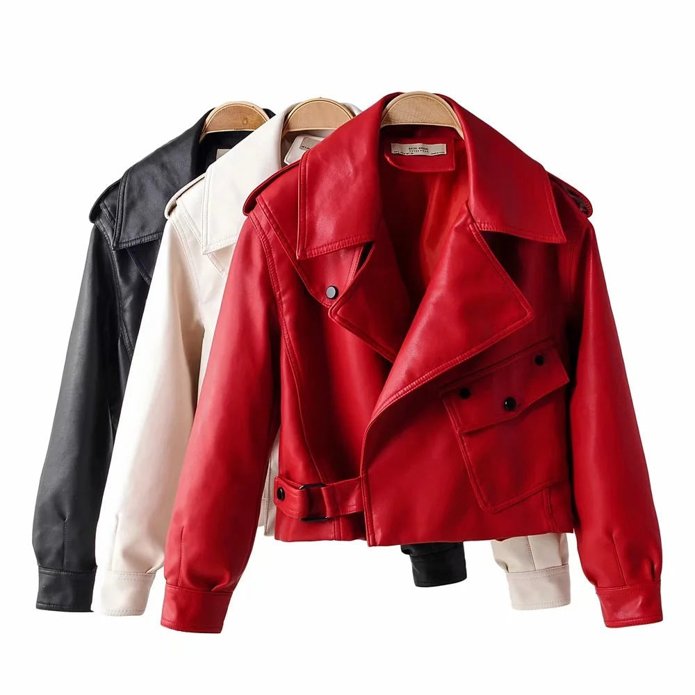 Lapel Short Motorcycle Leather Ladies Jacket Pi-Mart