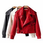 Lapel Short Motorcycle Leather Ladies Jacket Pi-Mart