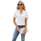 V-neck Hollow Design T-shirt Summer Loose Short-sleeved Top For Womens Clothing Pi-Mart