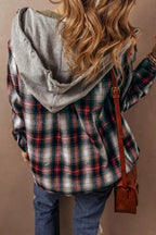 Plaid Hooded Shacket - Red Buffalo Check - Button-Up Overshirt Jacket