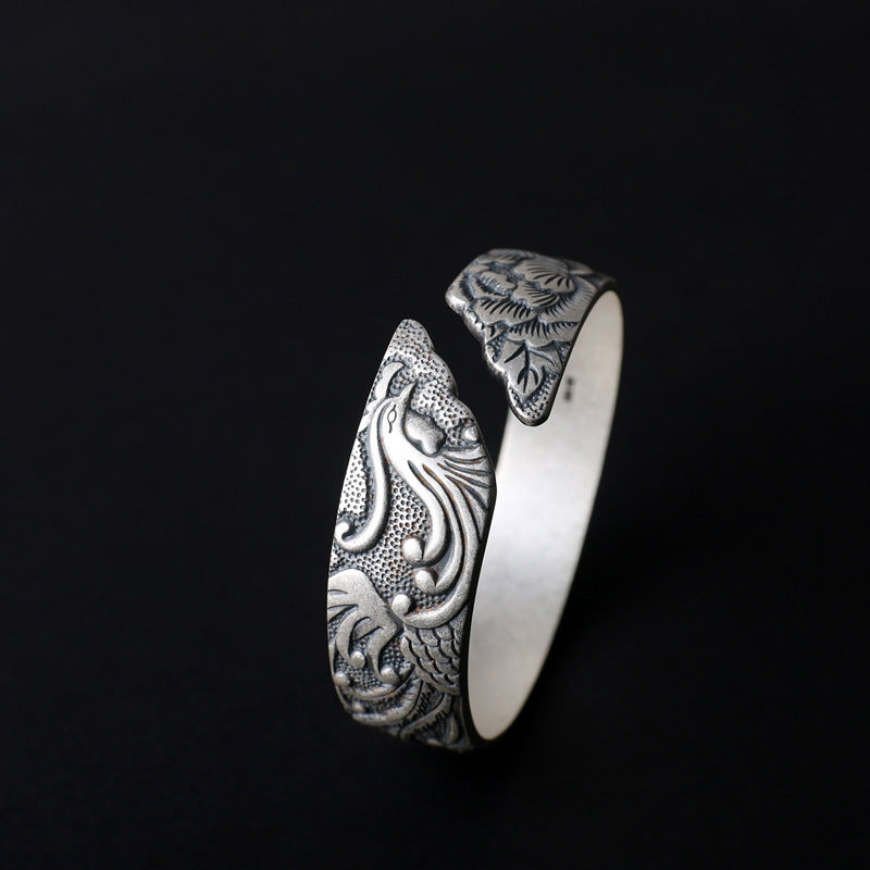 S999 Pure Silver Phoenix Peony Wide Side Thai Silver Matte Retro Ethnic Style  Bracelet Women Pi-Mart