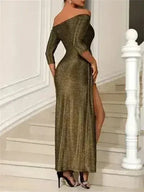 Slit Off-Shoulder Long Sleeve Midi Dress