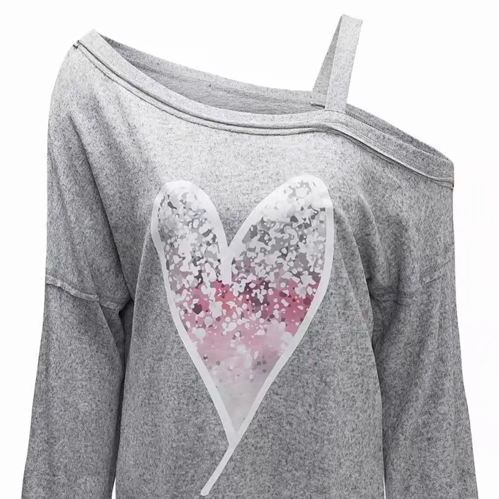 Ladies' Heart-shaped Cherry Blossom Graphic Print Asymmetric Dewdrop Shoulder Top Long Sleeved Shirt - SJB-DIAMOND ELITES
