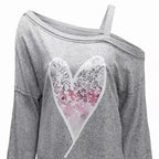 Ladies' Heart-shaped Cherry Blossom Graphic Print Asymmetric Dewdrop Shoulder Top Long Sleeved Shirt - SJB-DIAMOND ELITES