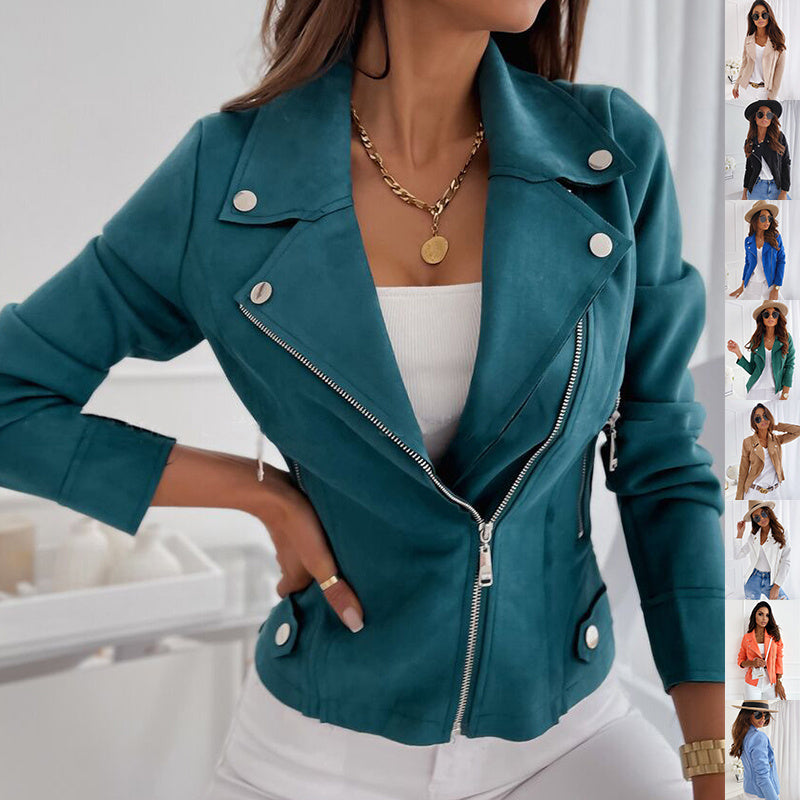 Zip-up Lapel Jacket With Pockets Ins Fashion Long Sleeve Short Tops Women's Clothing Pi-Mart