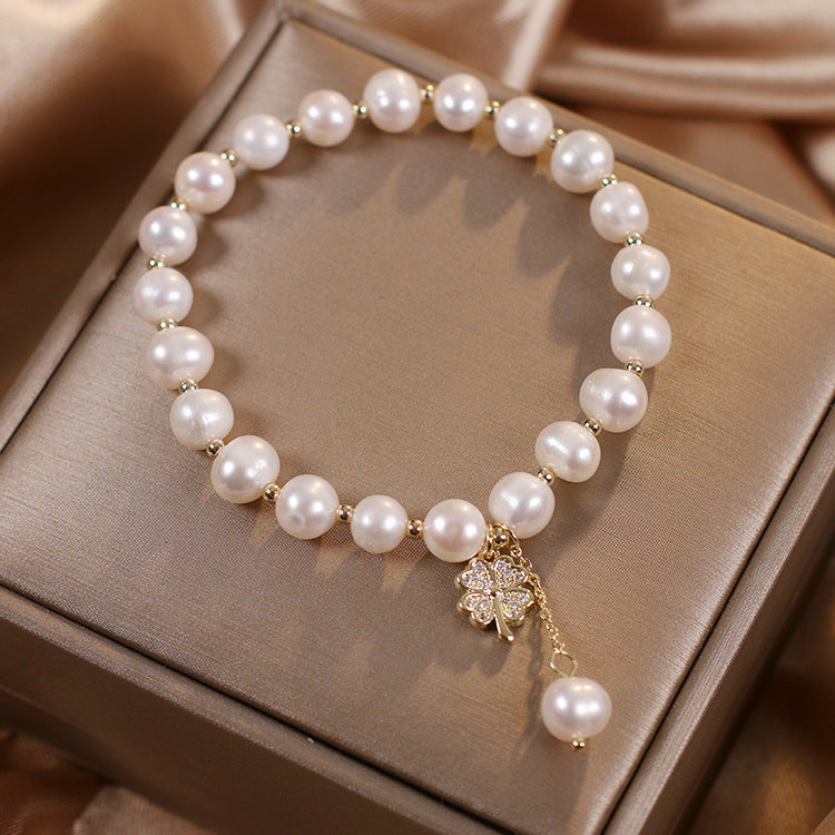Natural Freshwater Pearl Bracelet Light Luxury Four-leaf Clover Simple Hand Jewelry Pi-Mart