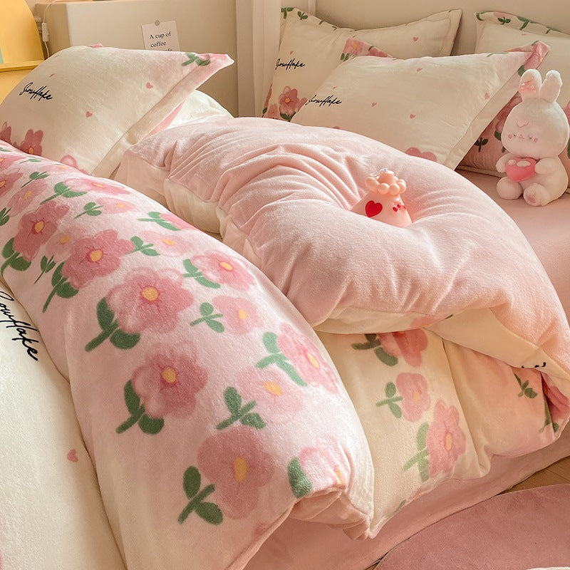 Winter Thickening Milk Fiber Bed Four-piece Coral Velvet Quilt Cover Flange Double-sided Bed Sheet Three-piece Bedding Pi-Mart