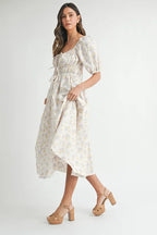 Floral Drawstring Detail Puff Sleeve Midi Dress – Romantic Floral Midi Dress, Ruched Drawstring Dress, Feminine Puff Sleeve Dress, Trendy Garden Party Dress For Summer
