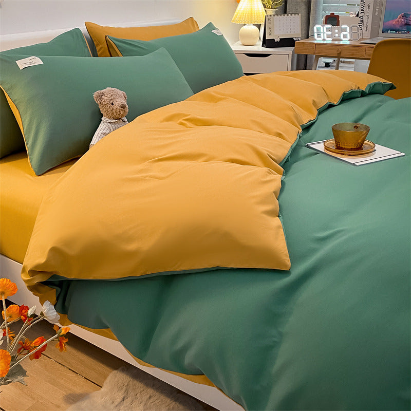 Pure Color Washed Cotton Four-piece Set Of Plaid Striped Sheets Quilt Cover Bedding Pi-Mart
