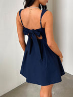 Dark Blue Bow Back Square Neck Mini Dress Luxury Feminine & Flattering Dress For Girls Stevvex