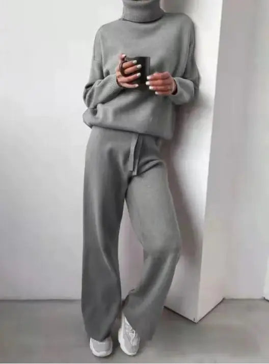 Casual Fashion Suits For Women Turtleneck Sweater And Drawstring Straight Pants Pi-Mart