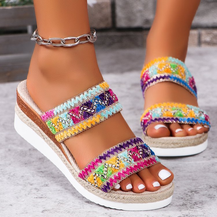 Fashion Wavy Pattern Woven Sandals Summer Casual Ethnic Style Slippers Linen Bottom Wide Strap Wedges Shoes For Women Pi-Mart