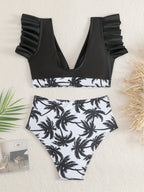 Bikini Black Solid Color Ruffle V Neck 2 Piece Swimsuit for Women – High Waisted Flattering Bikini Set with Lettuce Trim Bottoms – Sleek Stretchy Fabric Swimwear for Beach Days Poolside Style and Summer Vacation Looks